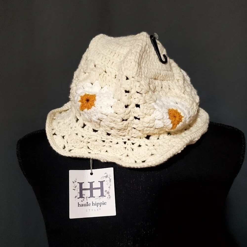 Haute Hippie Crochet Daisy Knit Hat O/S NWT